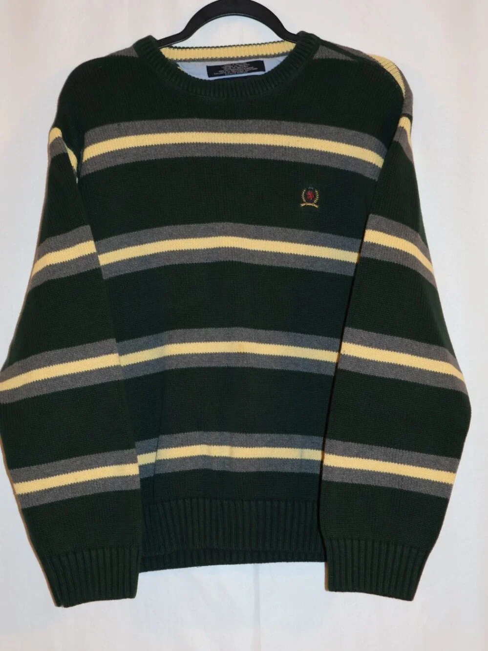 Vintage Tommy Hilfiger Forest Green Striped, Cotton Crewneck Sweater.